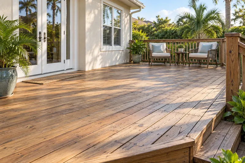Wood deck boards and railing in a residential backyard