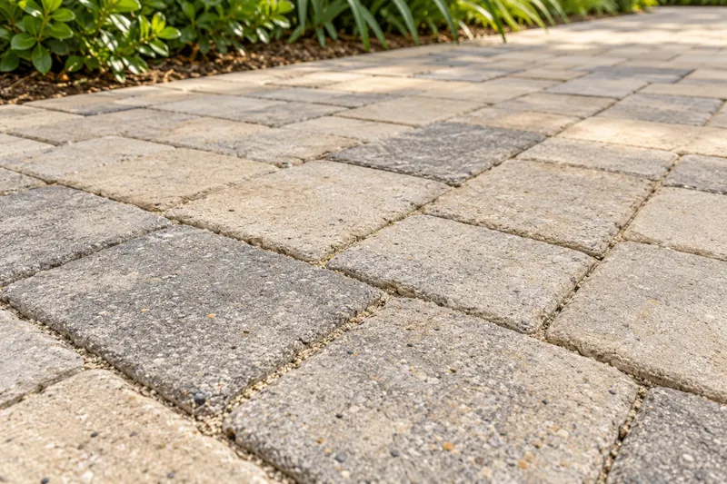 Close view of textured patio pavers and sand-filled joints
