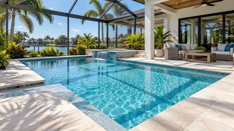Poolside patio, pale deck surfaces and a covered outdoor seating area