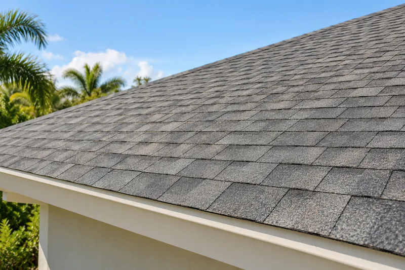 Gray asphalt shingles along a residential roof edge