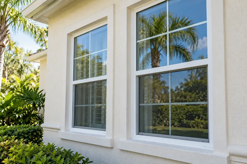 Exterior residential windows with reflective glass and pale stucco surrounds